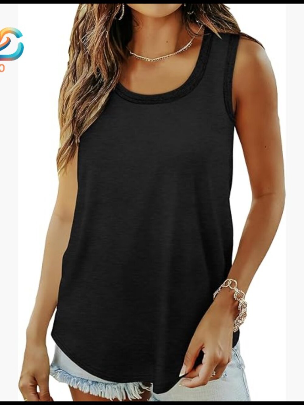 Loose Fit Ribbed Trim Scoop Neck Tank Top Summer Sleeveless Tops